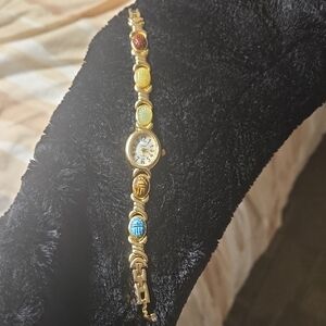 Gold Bracelet Watch with Multicolor Stones